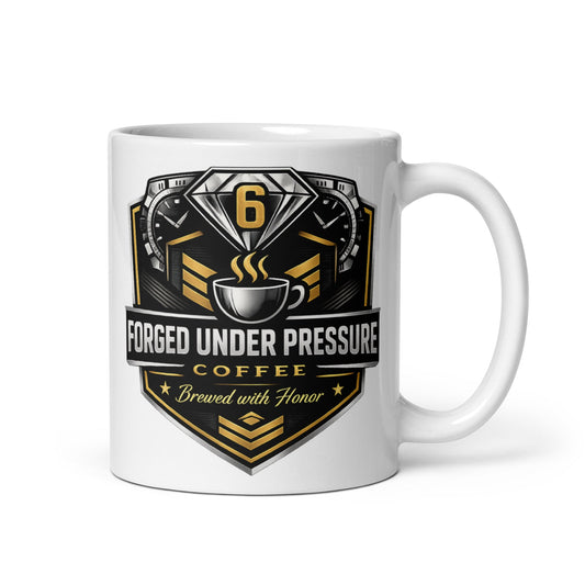 White Glossy Mug - Forged Under Pressure Coffee