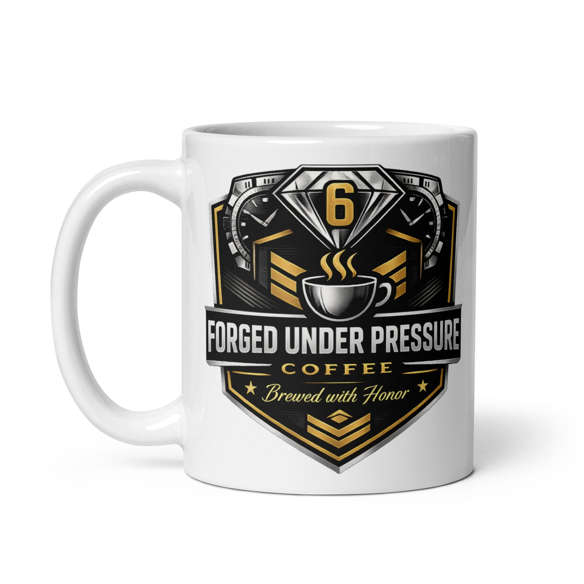 White Glossy Mug - Forged Under Pressure Coffee